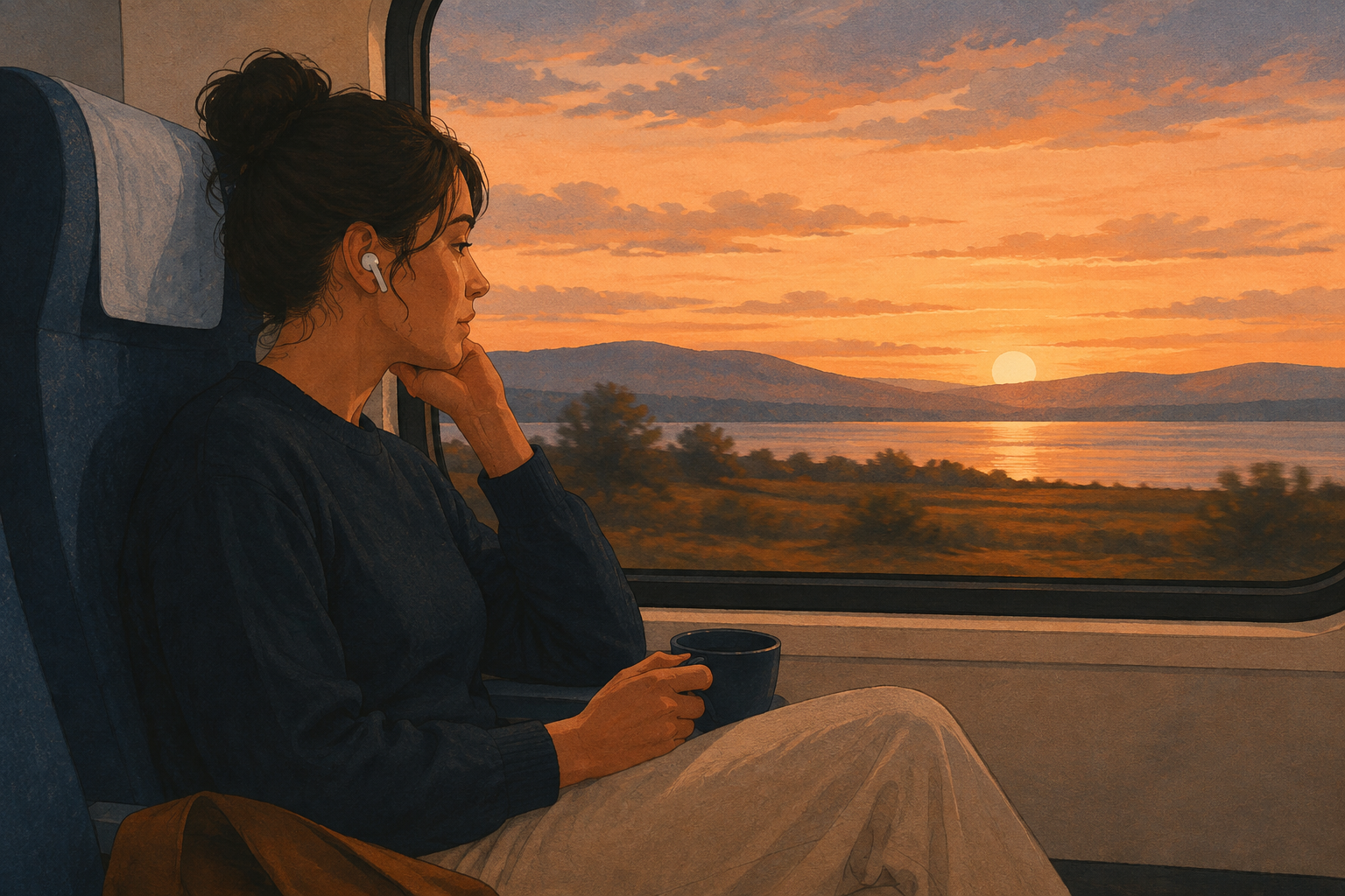 電車の窓辺でイヤホンをつけ、夕景を眺める人のイラスト